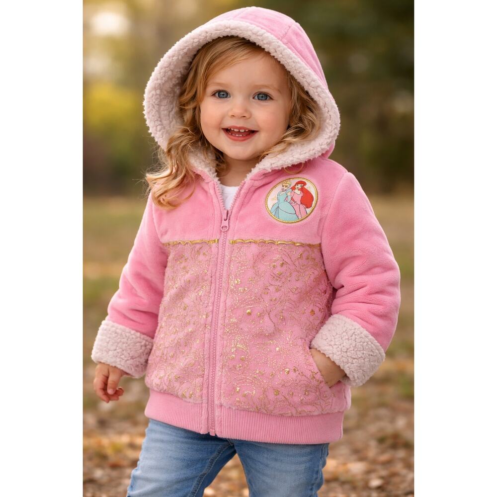 Disney Princess Toddler Sherpa Lined Hooded Jacket Pink Gold Print | Size 4T